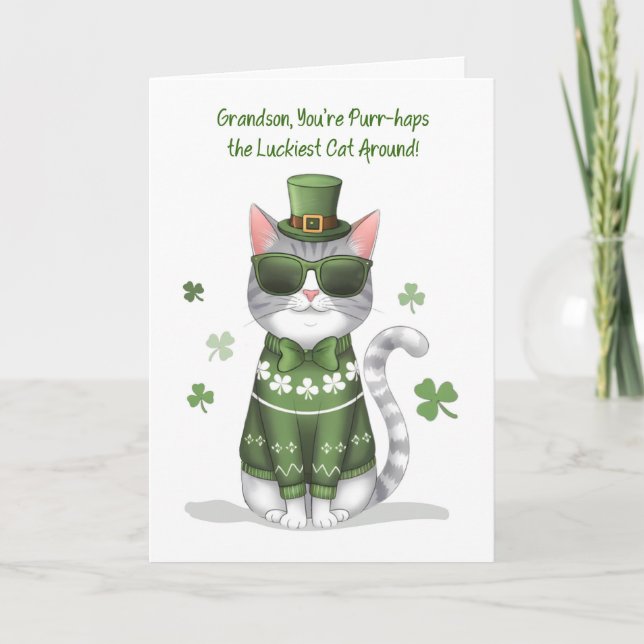 Grandson Funny Cat Wearing Sunglasses St Patricks  Card (Front)