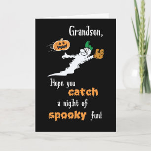 Grandson Halloween Baseball Ghost with Pumpkin Card