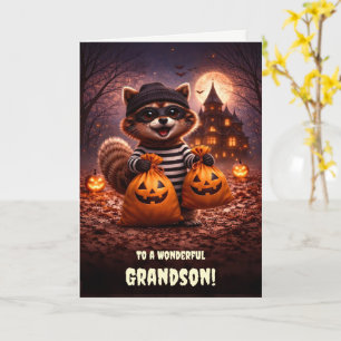 Grandson Halloween Cute and Funny Racoon  Card