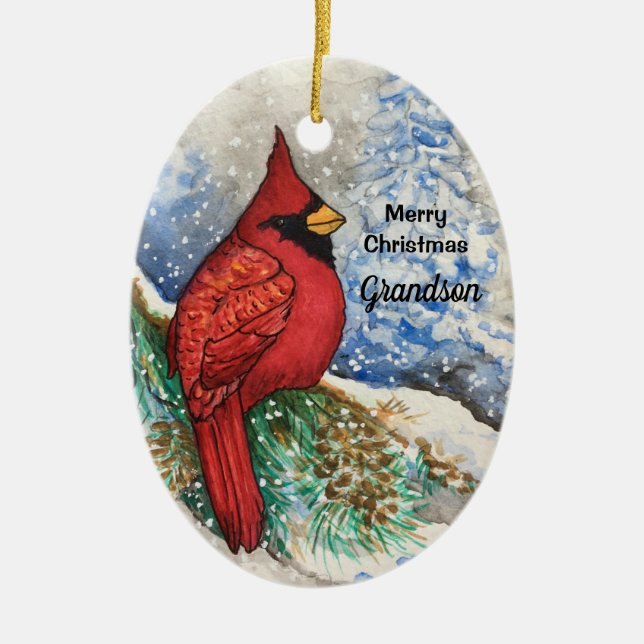 Grandson Handsome Red Cardinal Christmas Bird Ceramic Ornament (Front)