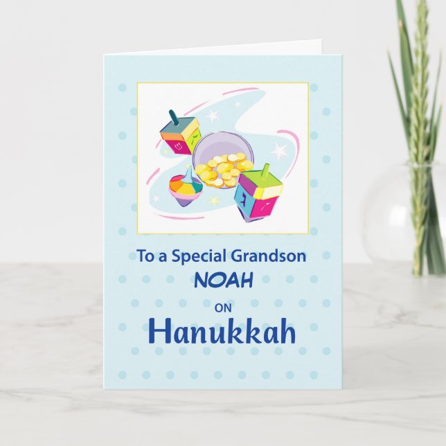 Grandson Hanukkah Blue Dreidel Card (Front)