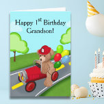 Grandson Happy 1st Birthday Teddy Bear  Firetruck Card<br><div class="desc">This adorable teddy bear,  riding a bright red firetruck and proudly wearing his very first firefighter hat,  makes the perfect design to celebrate your grandson's special 1st birthday milestone.</div>