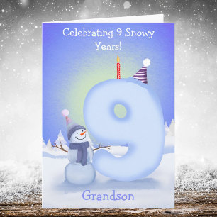 Grandson Happy 9th Birthday Snowman Building Card