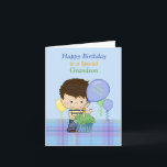Grandson Happy Birthday Boy Blue Green Balloons Card<br><div class="desc">A sweet card for a Special Grandson, featuring a blue background with lower blue plaid and a sweet little boy wearing a blue and yellow shirt and jeans. There is a green cupcake in front of the little boy and balloons floating around. Boy and cupcake original design by Cheryl Seslar...</div>