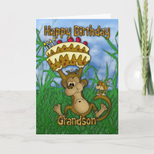 Grandson Happy Birthday with monkey holding cake Card