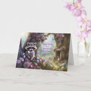 Grandson Happy Easter with Cute Racoon and Eggs Card