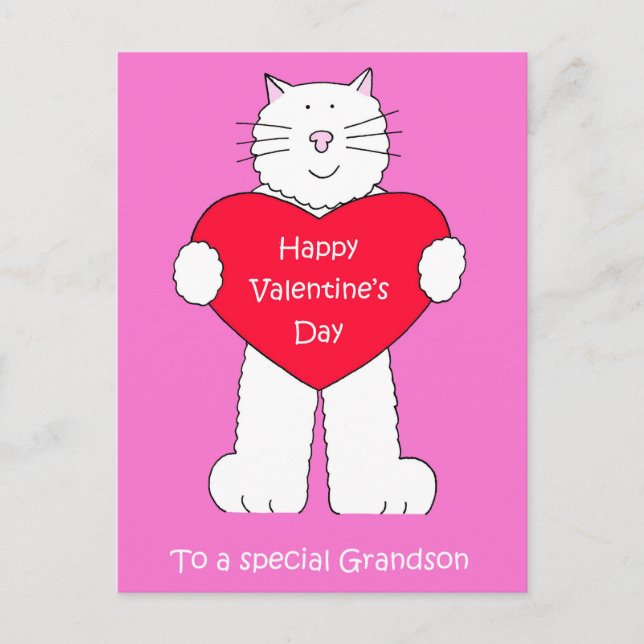Grandson Happy Valentines Day Cartoon Cat Holiday Postcard (Front)