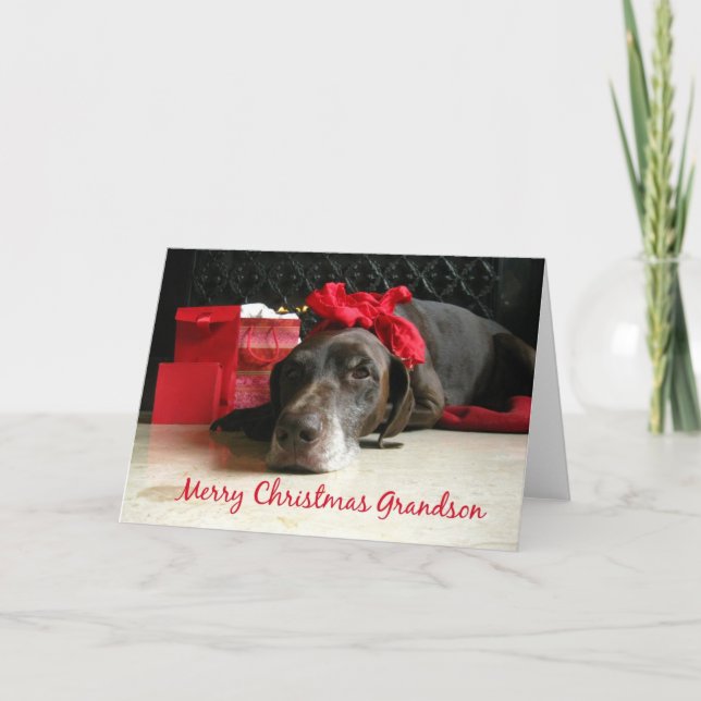 Grandson merry christmas pointer and gifts at fire holiday card (Front)