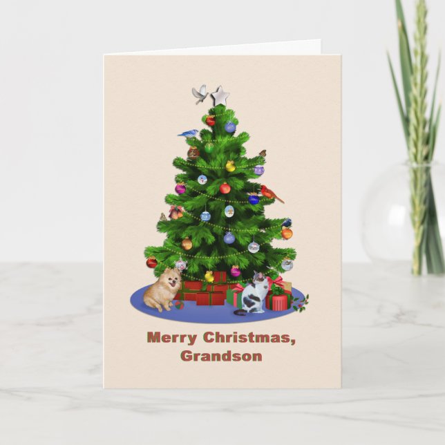 Grandson, Merry Christmas Tree, Birds, Cat, Dog Holiday Card (Front)