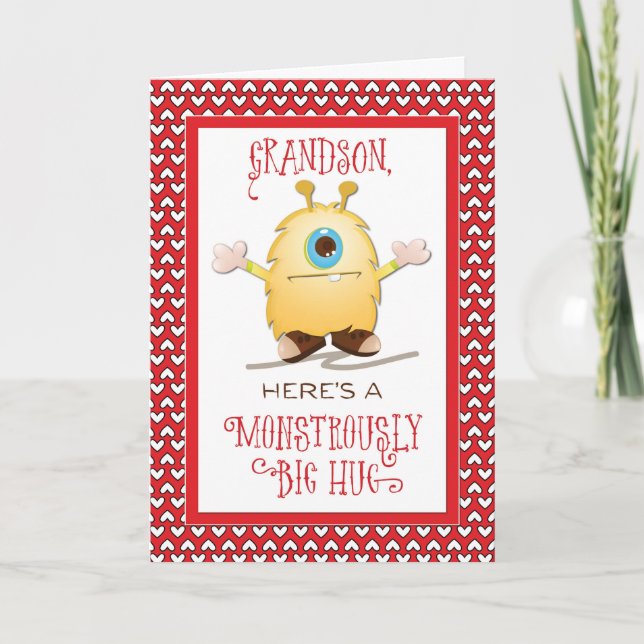 Grandson Monster Hug Valentine Holiday Card (Front)