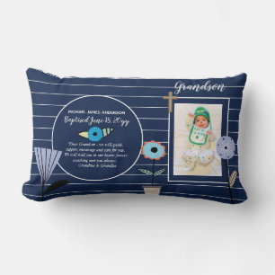 Grandson POEM Baptism PHOTO Navy Blue Flowers Lumbar Cushion
