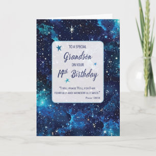 Grandson Religious 14th Birthday Stars in Galaxy Card