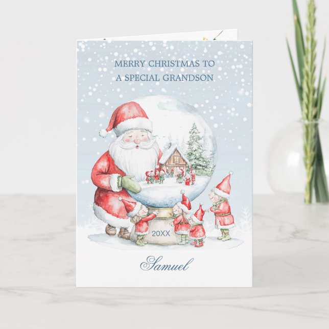 Grandson Snow Globe Santa Elf Christmas Holiday Card (Front)