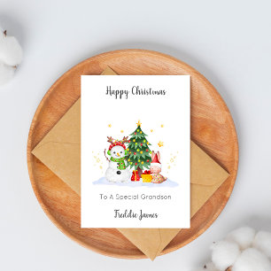 Grandson Snowman Rabbit Christmas Holiday Card