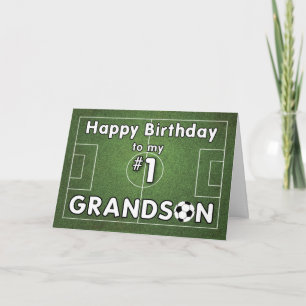 Grandson Soccer Birthday with Grass Field and Ball Card