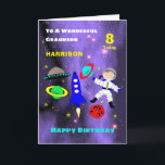 Grandson Spaceship Astronaut Cute Happy Birthday Card<br><div class="desc">Super cute cartoon outer space theme image with an astronaut in space,  rocket,  stars,  planets and spaceship; such a fun and colourful design and easy to customise with a name,  age and message,  for that extra special touch at no extra cost.</div>