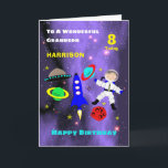 Grandson Spaceship Astronaut Cute Happy Birthday Card<br><div class="desc">Super cute cartoon outer space theme image with an astronaut in space,  rocket,  stars,  planets and spaceship; such a fun and colourful design and easy to customise with a name,  age and message,  for that extra special touch at no extra cost.</div>