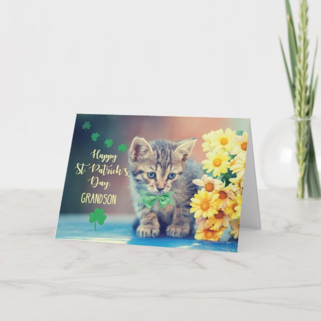 Grandson St. Patrick’s Day Kitten w/ Yellow Daisie Card (Front)