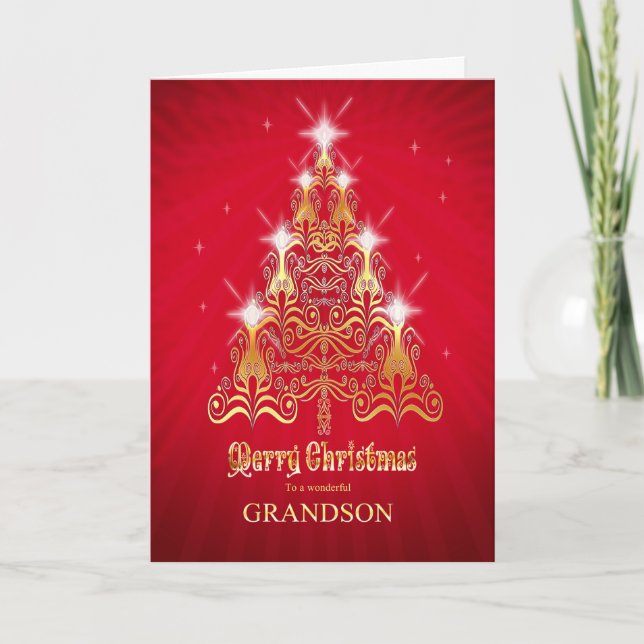 Grandson, Stylised Christmas tree Christmas card (Front)