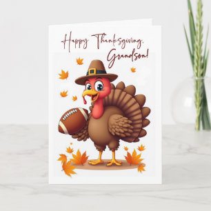 Grandson Thanksgiving Funny Turkey with Football Card