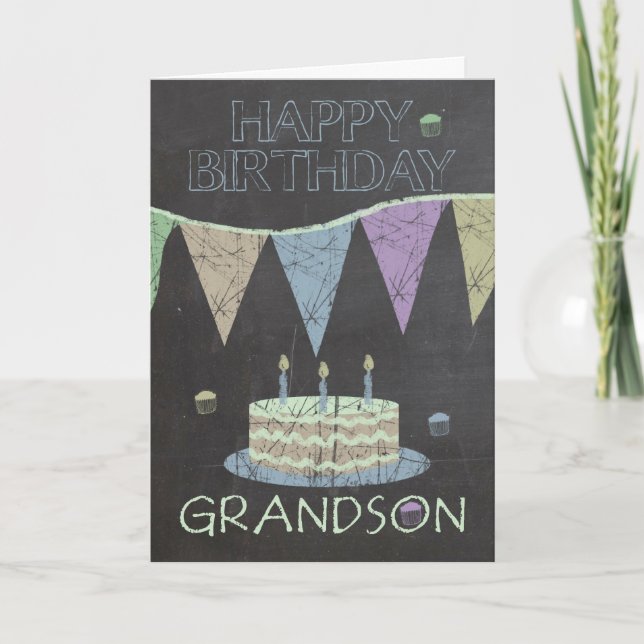 Grandson Trendy Chalk Board Effect Birthday Card (Front)