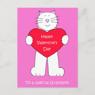 Grandson Valentine cute cat with heart. Holiday Postcard