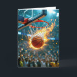 Grandson's Birthday Flaming Basketball In the Net Card<br><div class="desc">A basketball is captured mid-action as it descends through a hoop,  surrounded by dynamic flames,  creating an electrifying scene as an enthusiastic crowd watches.
The inside text can be changed.</div>