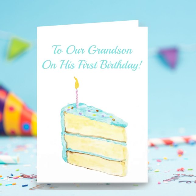 Grandson's First Birthday Watercolor Cake Card (Creator Uploaded)