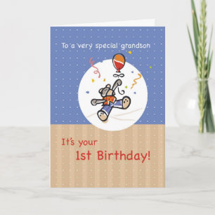 Grandson's First Birthday with Bear and Balloon Card