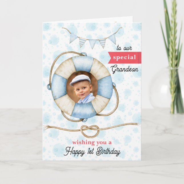 Grandson's Photo Birthday Nautical Greeting Card (Front)