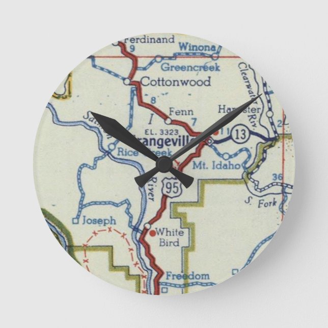 Grangeville Idaho Vintage Map Round Clock (Front)