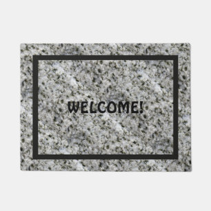 Granite Rock White with Black Frame and Text Doormat