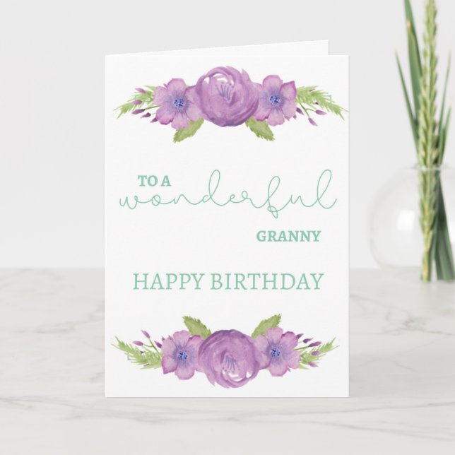 Granny Birthday Card - Purple Watercolour Flower (Front)