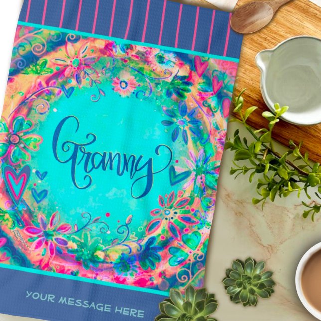 Granny Blue Pretty Floral Hearts Personalised Tea Towel (Creator Uploaded)