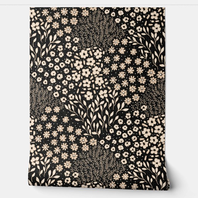 Granny Chic Country Modern Floral Black Beige  Wallpaper (Unrolling)