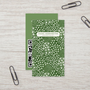 Granny Chic Custom QR Code Scannable Green Floral Business Card