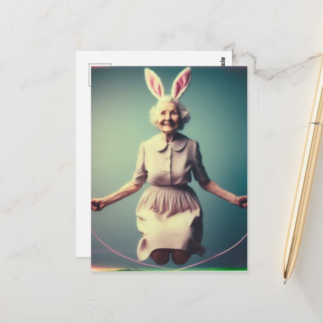 Granny Easter Bunny Jumping Rope Postcard (Front/Back In Situ)