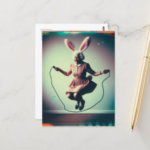 Granny Easter Bunny Jumping Rope Retro Photography Postcard