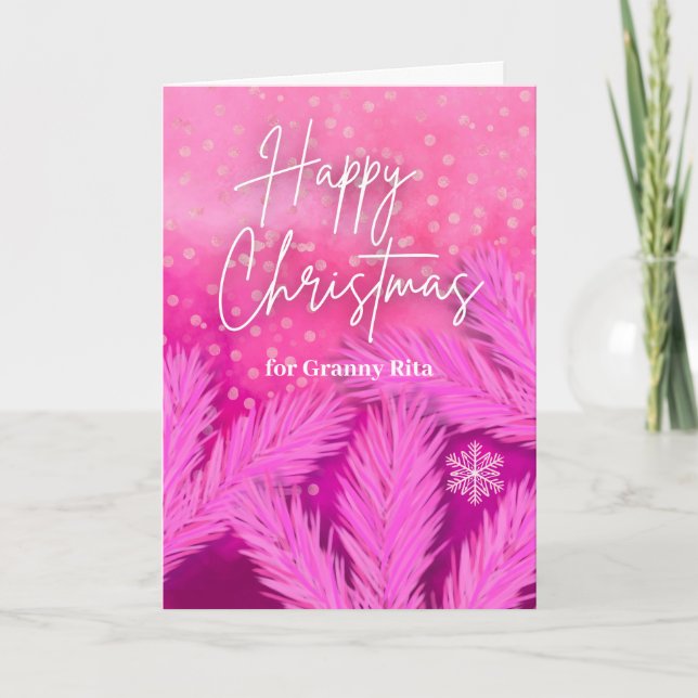 Granny Happy Christmas in Pink with Pine Branches  Card (Front)
