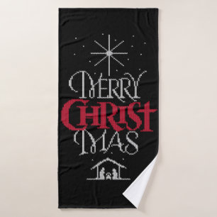 Granny Knit Christian Merry Christmas Calligraphy Bath Towel Set