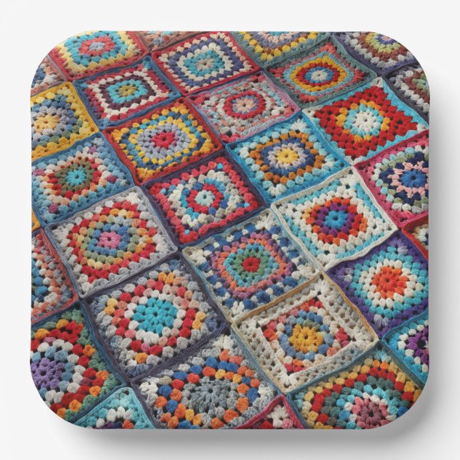 Granny Square Crocheted Quilt  Paper Plate (Front)