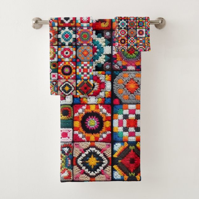 Granny Squares Crochet Pattern Blanket Print  Bath Towel Set (Insitu)
