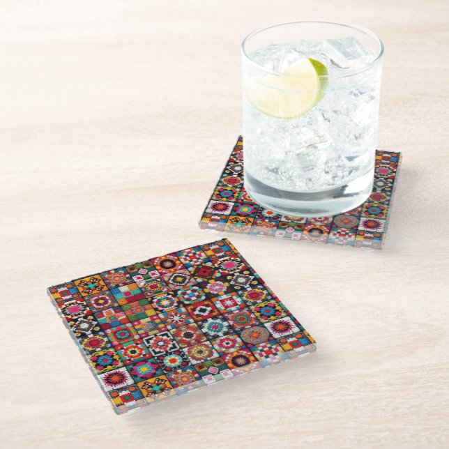 Granny Squares Crochet Pattern Blanket Print  Glass Coaster (Angled)