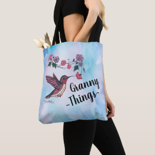 Granny Things, Hummingbird and Flowers Tote Bag