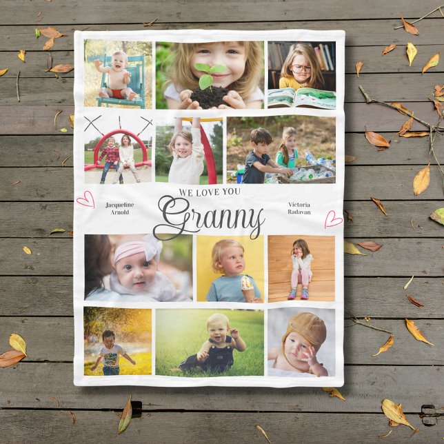 Granny We Love You Personalised Hearts Fleece Blanket (Granny custom fleece blanket with personalized photos and text.)