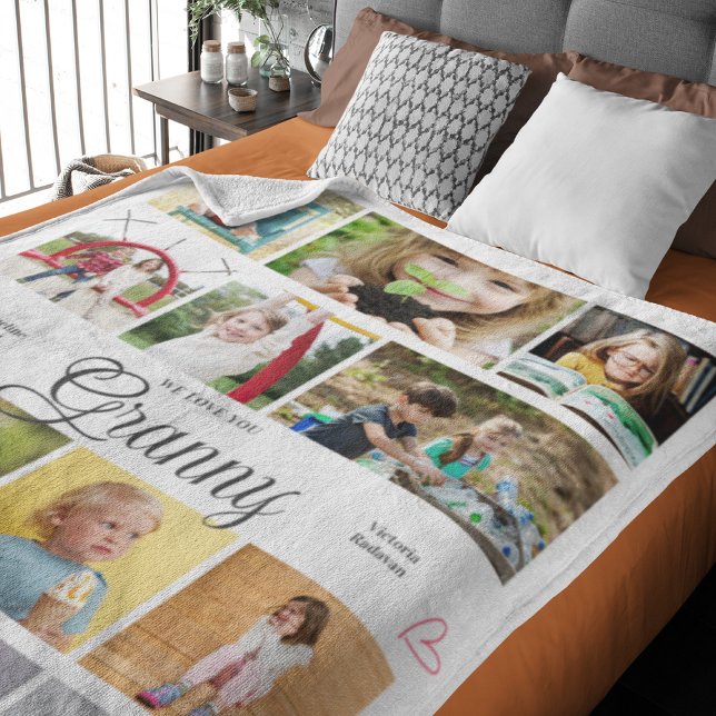 Granny We Love You Personalised Hearts Fleece Blanket (Granny large fleece blanket with personalized photos and text.)