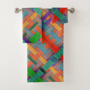 Granny's crossed reddish strips, with woven aspect bath towel set