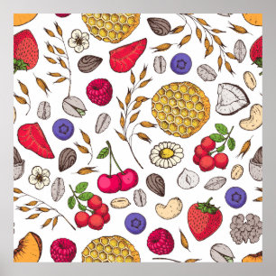 Granola,  muesli seamless pattern. Oat flakes hand Poster