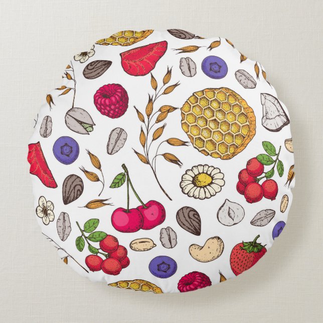 Granola,  muesli seamless pattern. Oat flakes hand Round Cushion (Front)