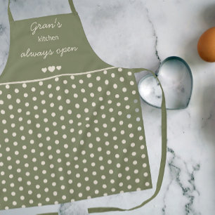 Gran's Kitchen Always Open Olive Green Polka Dot Apron